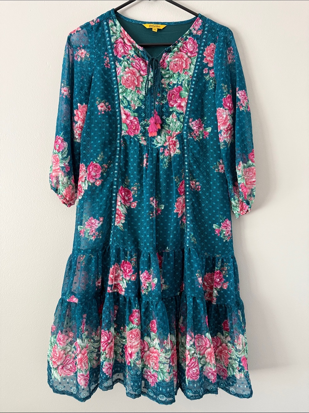 Teal Floral Gauze Tassel Dress with Pink Roses